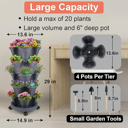 DUNCHATY Stackable Planter, Vertical Strawberry Planter with Garen Tool Set, Self Watering Garden Planter Indoor/Outdoor 5 Tier Herb Planter Pots for Growing Vegetables and Succulents, Dark Gray