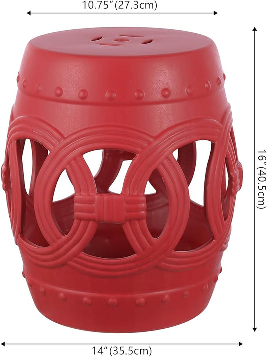 Decorative Garden Stool in Matte Red Ceramic, Nearly 16 Inches Tall