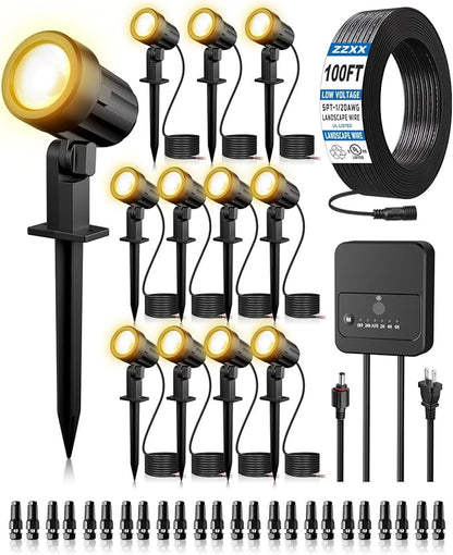 ZZXX All-in-One Low Voltage Landscape Lighting Kit, 12-Pack LED Landscape Lights with Transformer 100FT Wire and Connectors, 2700K Waterproof Landscape Spot Lights for Garden Yard House Tree