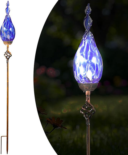 Solar Garden Lights Outdoor, Decorative LED Flame Garden Stakes, Hand Blown Glass and Outdoor Waterproof Glass Stakes (Dark Blue)