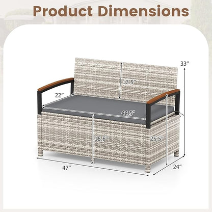 Outdoor Storage Bench with 46-Gallon Capacity and Grey PE Rattan Frame