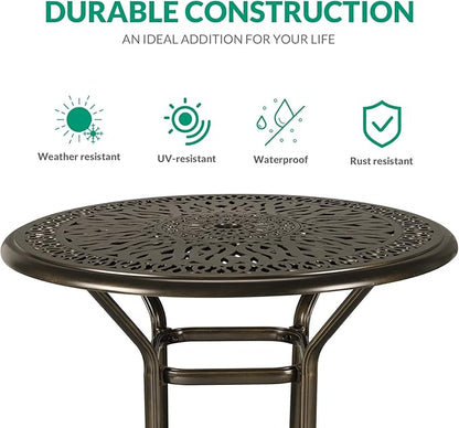 VIVIJASON 3-Piece Patio Swivel Bar Stools Set, All Weather Cast Aluminum Outdoor Bar Height Bistro Set with 2 Cushioned Bar Chairs & 35.4" High Bar Table w/Umbrella Hole for Backyard, Lawn, Garden
