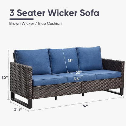 Belord Outdoor Couch Patio Furniture: Wicker Patio Sofa with Deep Seat High Back, 800Lbs Weight Capacity Oversize Outdoor Seating 3 Seater Rattan Couch, Anti-Rust Frame, Brown