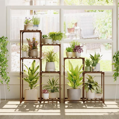 Bamworld Indoor Plant Stands Outdoor Combo Plant Shelves for Multiple Plants 10 Pots Wooden 2 Sets of Package Plant Rack for Living Room Balcony Garden