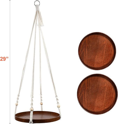 E-Know Macrame Plant Hanger - 2 Set Indoor Hanging Planter Shelf - Hanging Planter Rack Decorative Flower Pot Holder - Handmade Cotton Plant Hangers with Wood Tray Boho Home Decor