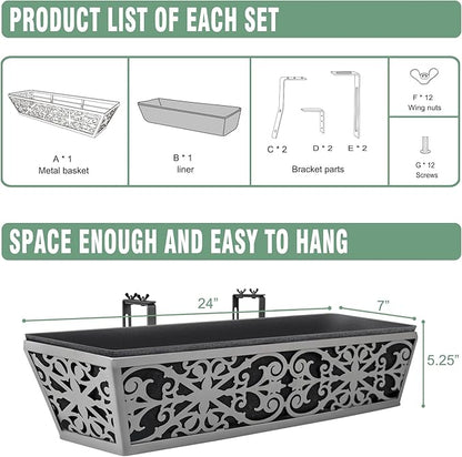 2 Pack 24 Inch Window Boxes Planter for Outdoor Plants Deck Railing Planters Box with Adjustable Brackets for Porch Fence Balcony Hanging Flower Baskets with Non-Woven Fabric Liner for Garden Decor