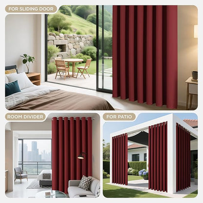 Joydeco Blackout Patio Sliding Door Curtains 96 Inches Long, Grommet Privacy Room Divider Curtains, Extra Wide Thermal Blackout Drapes for Bedroom Living Room (Burgundy Red, 70Wx96L, 1 Panel)