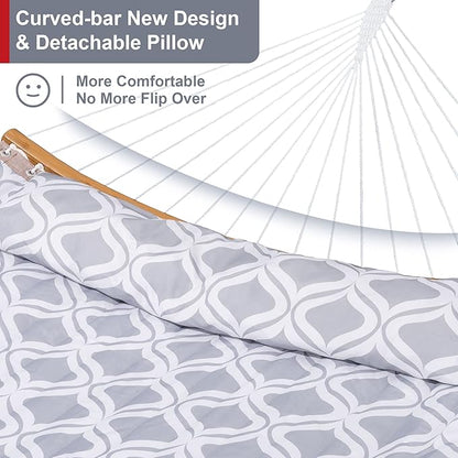 Large Hammock with 12FT Steel Stand, Freestanding Hammock with Curved Spreader Bar, Pillow and Portable Bag for Outside, Gray Ripples