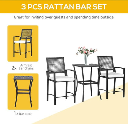 Outsunny 3pcs Patio Bar Set with Soft Cushion, Rattan Wicker Outdoor Furniture Set for Backyards, Lawn, Deck, Poolside