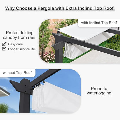 PURPLE LEAF 10' x 13' Outdoor Retractable Pergola with Double Sun Shade Canopy Patio Aluminum Pergola Metal Shelter with Light for Backyard Deck Garden, White