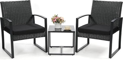 3 Piece Wicker Patio Bistro Set, Rattan Conversation Set with Coffee Table, for Balcony, Porch, Garden, Yard, Poolside, Black Frame with Black Cushion
