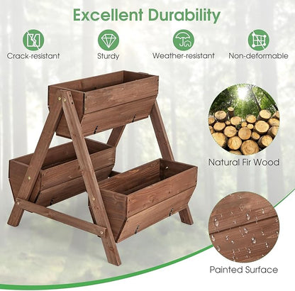 Giantex Vertical Raised Garden Bed, 3 Wood Planter Boxes for Flower Vegetable Fruit Herb, Freestanding Garden Planter with Drain Holes, Elevated Raised Beds for Indoor Outdoor Lawn Patio Yard, Brown