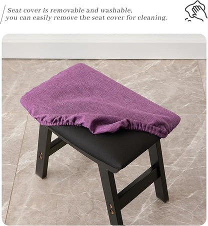 Foot Stool,Ottoman,Bamboo Small Sofa Foot Rest Under Desk,Extra Seating for Living Room, Bedroom and Kitchen (Black Stool Legs - Purple Surface)