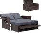 HAPPYGRILL Patio Rattan Wicker Daybed with Loveseat & Storage Ottoman, Outdoor Lounge Sofa Furniture Set with Adjustable Backrest & Side Trays, for Poolside Deck Porch Lawn (Mix Brown & Grey)