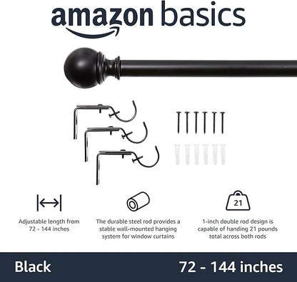 Amazon Basics Sturdy Adjustable Curtain Rod for Windows with Round Finials, 1-Inch, 72" to 144", Black, 1-Pack