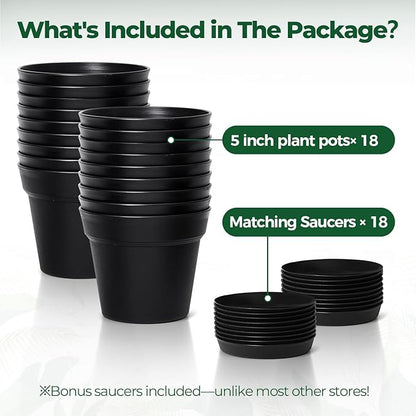 T4U Flower Pots 18-Pack, 5 Inch Plant Pot with Saucer and Drainage Hole, Durable Plastic Flower Pots, Small Pots for Plants, Violet, Succulent and Indoor Plant Decorative (18 Pack 5" Pot, Black)