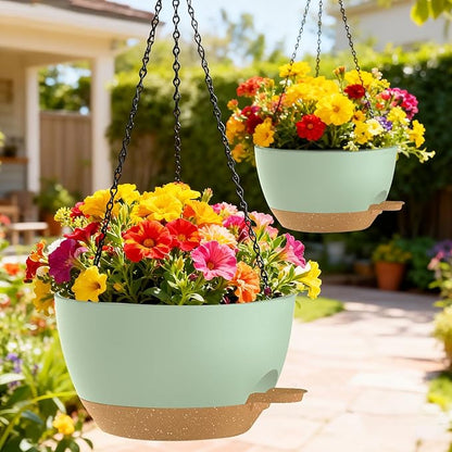 10 Inch Hanging Baskets 2 PC with Chains, Self-Watering Hanging Planters for Indoor Outdoor Plants, Plastic Hanging Flower Pots,Green Brown