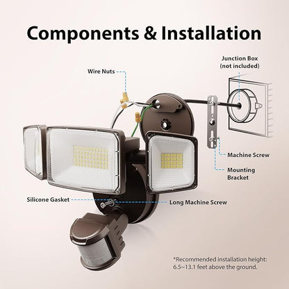 Onforu 100W LED Motion Sensor Outdoor Lights, Dusk to Dawn Flood Light Outdoor Motion Sensor, Hardwired Security Lights Floodlights Outside 11000LM 6500K Daylight IP65 Waterproof (Brown)