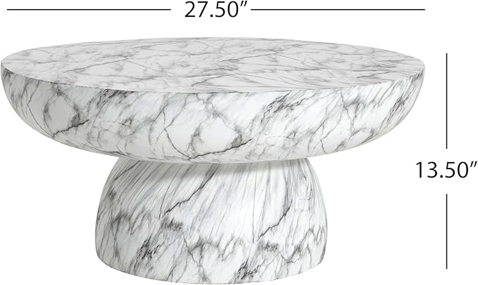 Christopher Knight Home Patsy Modern Lightweight Concrete Coffee Table, Indoor and Outdoor Round Top Accent Table, MGO Sofa End Table with Pedestal Base, No Assembly Needed, White Marble Finish
