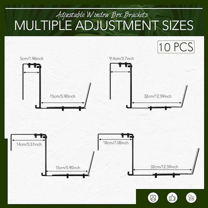 Layhit 10 Pcs Adjustable Planter Box Brackets Universal Heavy Duty Flower Box Brackets Window Iron Railing Planter Holder for Balcony Fence Pergola Patio Garden Windowsill, 6-12.5 Inch (Black)