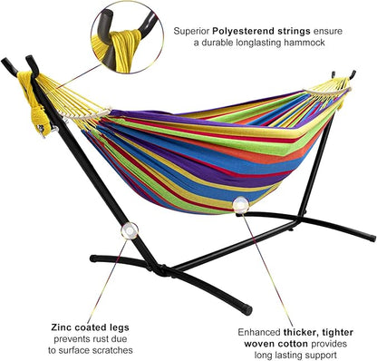 SZHLUX Double Hammock with Stand for Outside 450lb Capacity Steel Stand, Premium Carry Bag Included and Two Anti Roll Balance Beam