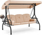 HOMREST 3 Seat Outdoor Porch Swing with Adjustable Canopy, Convertible Patio Swing Bed with Stand, Patio Glider Swing with Upgraded Cup Holder, Thicken Cushions ＆ Pillow for Backyard(Khaki)