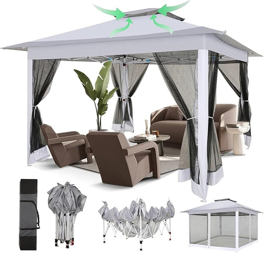 COBIZI 12x12 Pop Up Gazebo On Clearance - Upgrade Easy Up Metal Outdoor Canopy Waterproof - Portable Gazebo with Mosquito Nettings, 4 Ropes 8 Stakes and Carry Bag for Patio Garden(Light Gray)