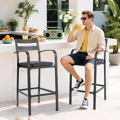 VINGLI Outdoor Bar Stools Set of 2, All-Weather Bar Height Aluminum Stools with 1.6" Thick Cushion, Rust-Proof Patio Chairs for Backyard, Poolside, Balcony & Kitchen Island (Dark Gray)