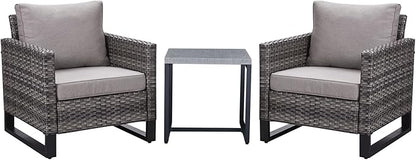 Belord Outdoor Bistro Set 3 Piece Outdoor Wicker Patio Chairs, Oversize Outdoor Rattan Seating Set, All-Weather Chairs Wicker Furniture with Metal Side Table and Water-Resistant Cushion for Outside