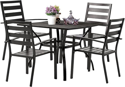 VINGLI 5-Piece Outdoor Dining Set, Metal Patio Dining Set for 4, Square Dining Table with Umbrella Hole & 4 Patio Chairs for Porch, Balcony and Backyard