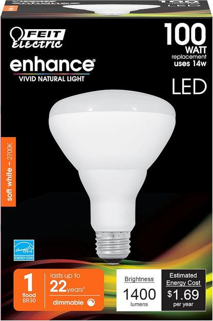 Feit Electric BR30 LED Light Bulb, 100W Equivalent, Dimmable, 1400 Lumens, E26 Standard Base, 2700K Soft White, 90CRI, Flood Light Bulb for Recessed Cans, 22-Year Lifetime, BR30DM/1400/927CA/4, 4 Pack
