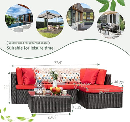Devoko 5 Pieces Patio Furniture Sets All Weathevr Outdoor Sectional Patio Sofa Manual Weaving Wicker Rattan Patio Seating Sofas with Cushion and Glass Table (Red)