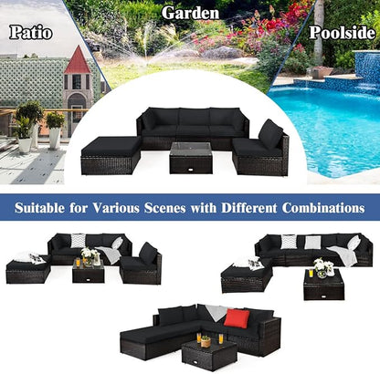 Tangkula 6 Piece Patio Furniture Set, Outdoor Deck Lawn Backyard Durable Steel Frame PE Rattan Wicker Sectional Sofa Set, Conversation Set with Coffee Table (Black)
