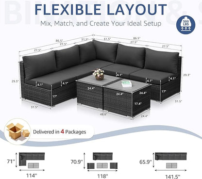 NICESOUL 7 Piece Modern Outdoor Conversation Sets, 29.3'' High Back Comfy Wicker Patio Modular Sectional with Side Tables, Extra Large and Deep Size L-Shaped Couch Furniture for Backyard Porch, Grey