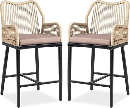 VINGLI Outdoor Counter Height Bar Stools Set of 2, Rattan Outdoor Barstools Boho Woven Patio Bar Stools with Backrest, Aluminum Frame Patio Garden Balcony Pool Bar Chairs (2 PCS)
