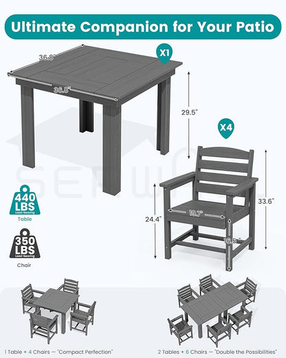 SERWALL Outdoor Dining Set for 4, HDPE Square Table and Chairs Set All Weather Patio Dining Set with 4 Classic Dining Chairs, 5-Piece Patio Dining Furniture for Deck, Gray