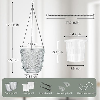 QCQHDU Self Watering Hanging Pots, 2 Pack 5.7 Inch Hanging Planters for Plants Indoor, Outdoor Flower Pots with Drainage Holes and 3 Hooks Chains for Garden Home (Clear)