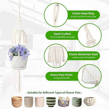 Macrame Plant Hangers, 5Pack Hanging Planters for Indoor Plants w/ 5 Set Hooks Handmade Cotton Rope Hanging Plant Holders Plant Hanger Indoor for Boho Home Decor (Planter Pot Not Included)