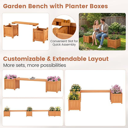 Giantex 4-in-1 Outdoor Bench with 4 Planter Boxes, Wood with Teak Oil Finish, Garden Bench Seat with Raised Garden Beds for Porch Balcony Lawn Yard, DIY Assembly, Orange