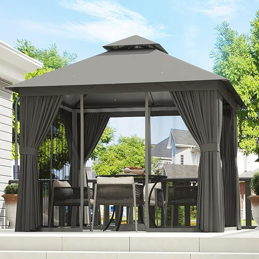 Aoxun Outdoor Gazebo for Patio 10x10, Metal Frame Canopy with Double Roofs, Heavy Duty Party Tent and Shelter with Mosquito Netting and Privacy Screen for Backyard, Lawn, Garden, Deck