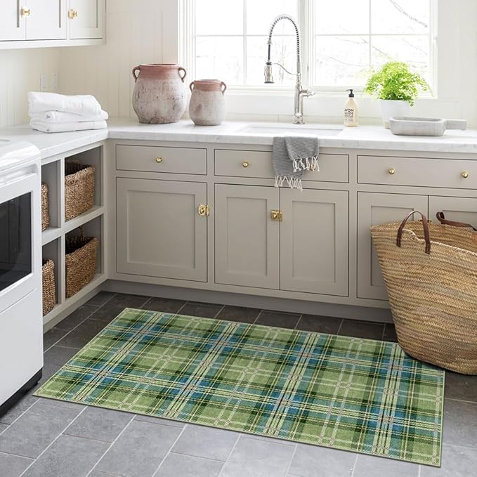 Outdoor Rug Tartan Door Mat in Green, 2 x 4 ft 3 in