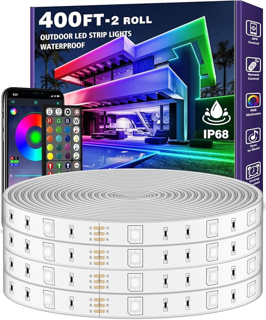 AILBTON 400FT Outdoor LED Strip Lights Waterproof,IP68 Outside Led Light Strips Waterproof with Bluetooth App Remote Control,Music Sync RGB Exterior Led Rope Lights,for Balcony,Deck,Roof,Garden,Pool