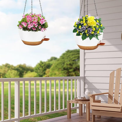 10 inch Hanging Planters for Indoor Plants, 3 Pack Self-Watering Hanging Planter Pots with Chain and Drainage Holes, Outdoor Hanging Baskets for Garden Home Decor (White With Brown, 3pcs/10inch)