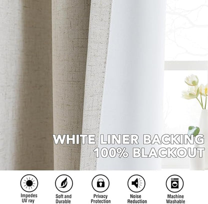 H.VERSAILTEX Linen Curtains 100% Blackout Curtains for Bedroom 84 inch Long Full Light Blocking Nature Linen Blended Window Curtains for Living Room Nickel Grommet (2 Panels, Heathered Linen)