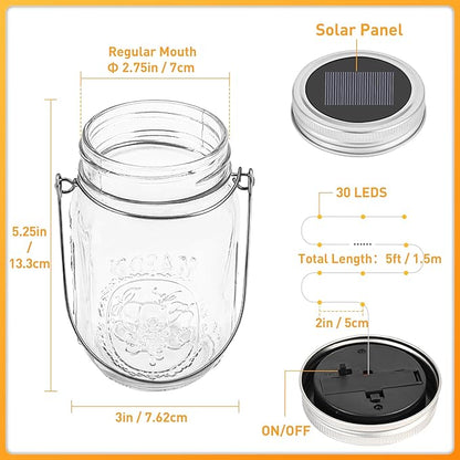 GIGALUMI Hanging Mason Jar Solar Lights, 6 Pack 30 Led Tinplate Lids Hanging Solar Lanterns Outdoor Waterproof, Hangers and Jars Included, Outdoor Decor for Balcony, Garden, Patio, Yard, Wedding