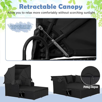 Tangkula Patio Rattan Daybed with Retractable Canopy, Outdoor Wicker Sunbed Lounger with 2 Foldable Side Tables, Thick Seat & Back Cushions, Outside Double Daybed for Garden, Backyard, Porch (Black)