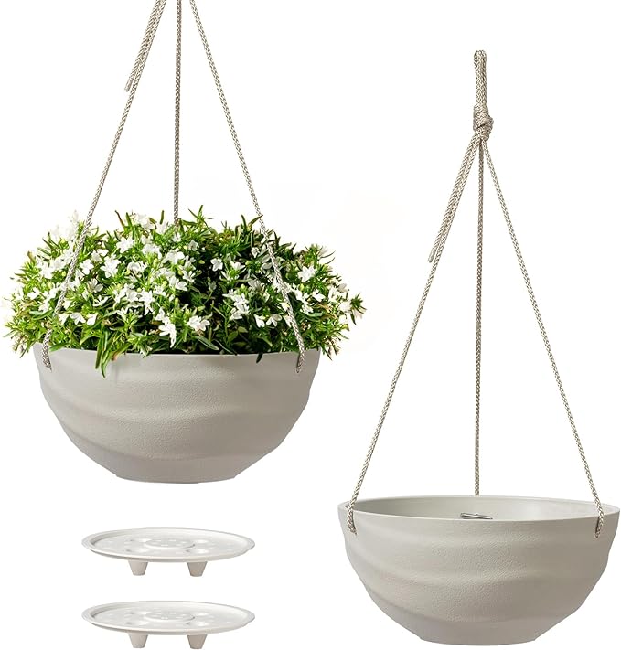 La Jolie Maison 10 Inch Hanging Planters for Indoor Plants, Outdoor Garden Planter Pots with Self-Watering Tray, Oatmeal, Set of 2