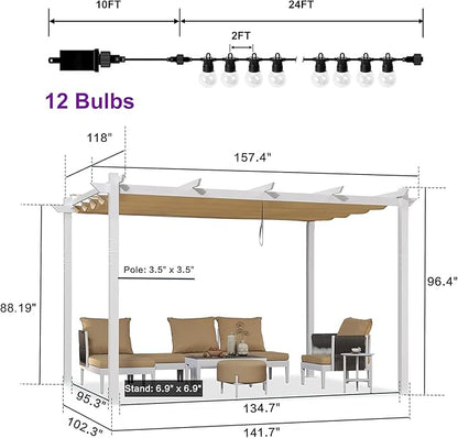 PURPLE LEAF 10' x 13' Outdoor Aluminum Pergola White Heavy-Duty Retractable Pergolas Patio Metal Pergola with Double Sun Shade Canopy and Light for Backyard Gardens Deck, Khaki