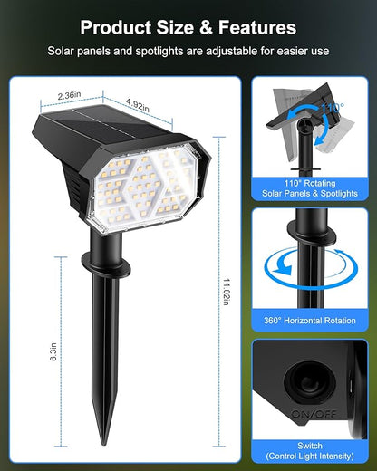 Brightown Solar Lights Outdoor with 58 LED & Auto ON/Off, IP67 Solar Spot Lights Outdoor with 3 Light Intensities. 2-in-1 Outdoor Solar Lights for Yard, Gardens, Flag and Pathways. 4Pcs (Warm White)