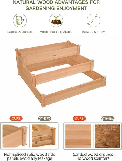 3-Tier Raised Garden Bed with Fabric Liner, Wood Elevated Planter Box with Dovetail Joint Design, 3 Dividable Bed Kit for Vegetables/Herbs/Flowers, Outdoor Gardening for Patio, Lawn, Balcony